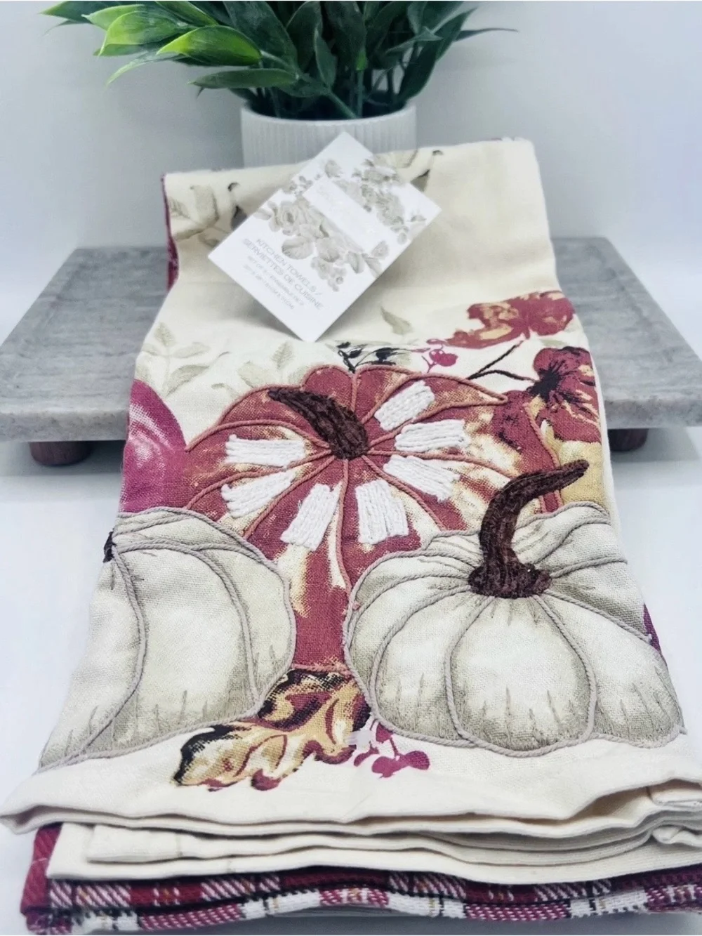 SHABBY CHIC KITCHEN TOWELS (3) PUMPKINS RUST GOLD LEAVES 100% COTTON NWT